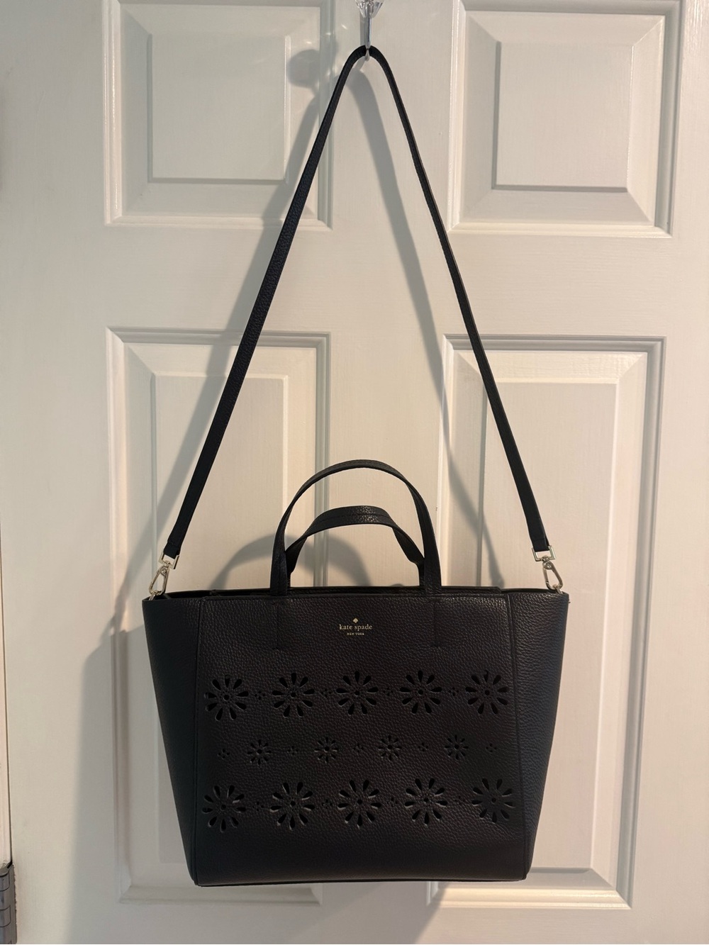 Kate Spade Black Pebbled Leather Floral Cutout Crossbody Tote